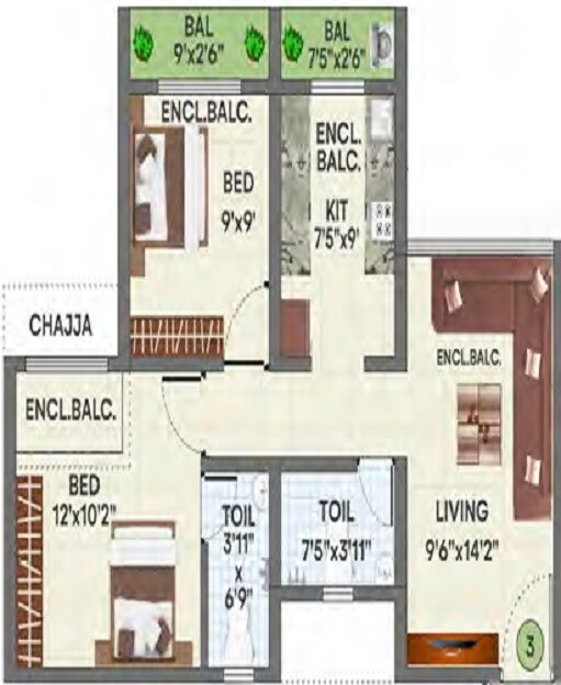Floor plan of 2 BHK 585 Sq. Ft. Apartment in Sneh Serene, Thane
