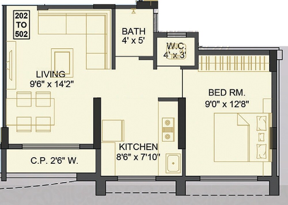 Floor plan of 1 BHK 410 Sq. Ft. Apartment in Soham Neel, Thane