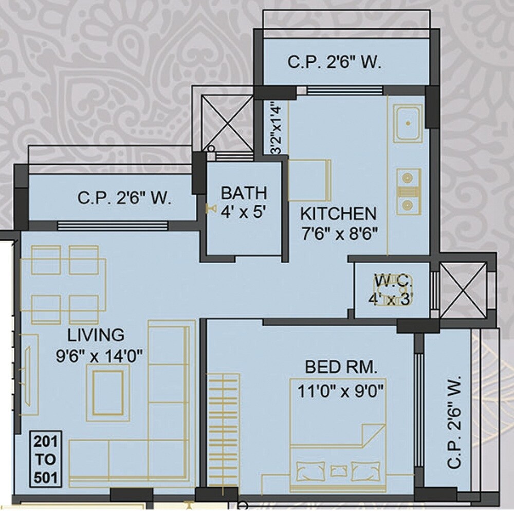 Floor plan of 1 BHK 430 Sq. Ft. Apartment in Soham Neel, Thane