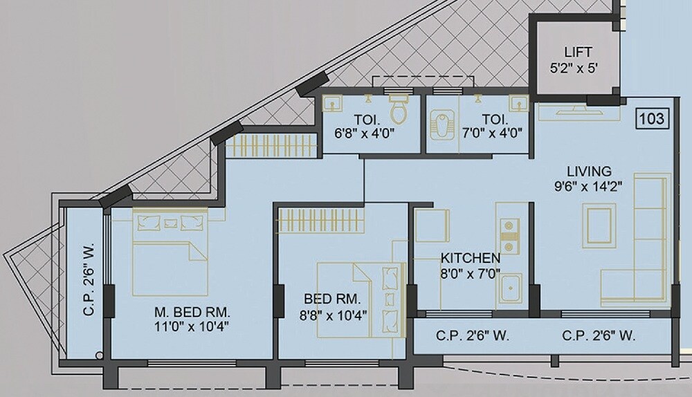 Floor plan of 2 BHK 567 Sq. Ft. Apartment in Soham Neel, Thane