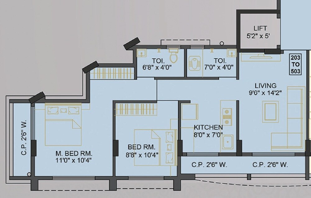 Floor plan of 2 BHK 592 Sq. Ft. Apartment in Soham Neel, Thane