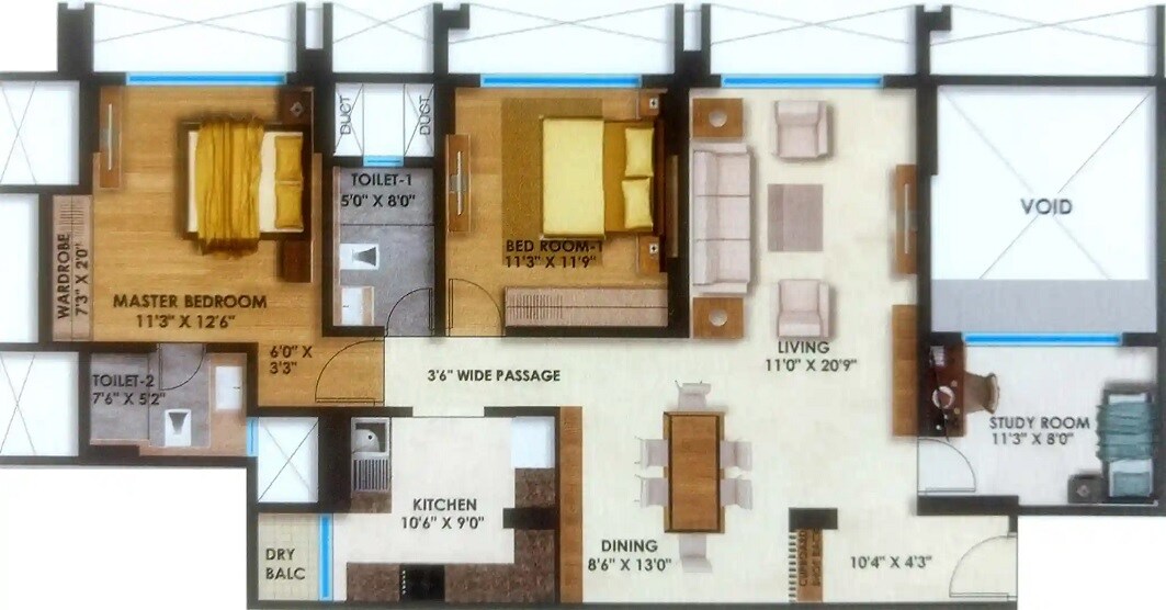 Floor plan of 2 BHK 840 Sq. Ft. Apartment in Soham Tropical Lagoon 4 Jacaranda, Thane