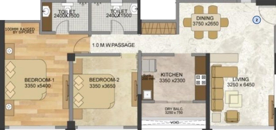 Floor plan of 2 BHK 915 Sq. Ft. Apartment in Soham Tropical Lagoon 5 Di Vita, Thane
