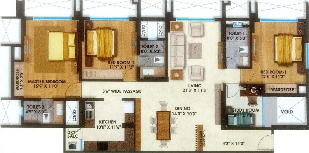 Floor plan of 3 BHK 1165 Sq. Ft. Apartment in Soham Tropical Lagoon 5 Di Vita, Thane
