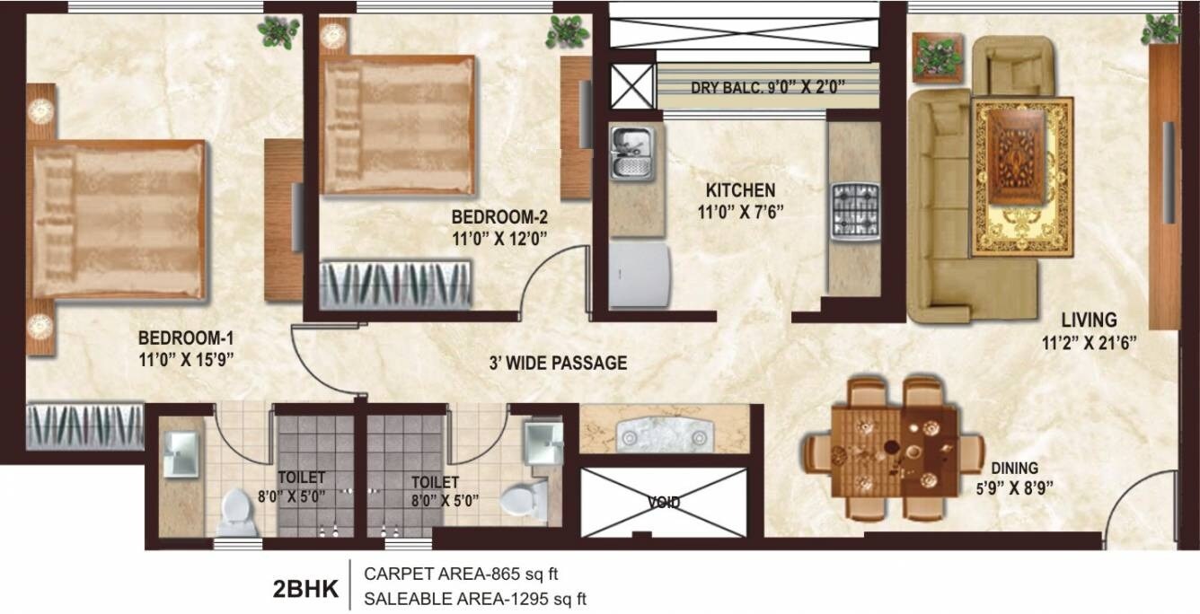 Floor plan of 2 BHK 865 Sq. Ft. Apartment in Soham Tropical Lagoon, Thane