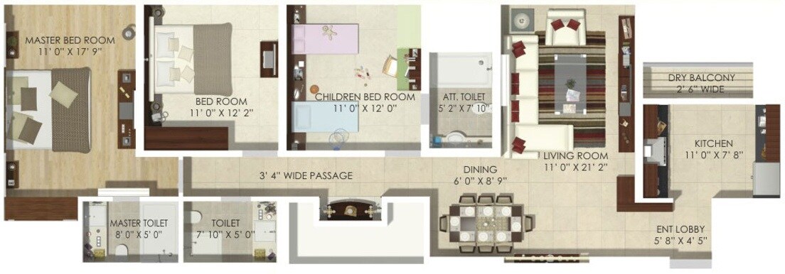 Floor plan of 3 BHK 1085 Sq. Ft. Apartment in Soham Tropical Lagoon, Thane