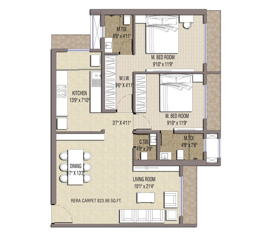 Floor plan of 2 BHK 824 Sq. Ft. Apartment in Sonam Indraneel, Thane