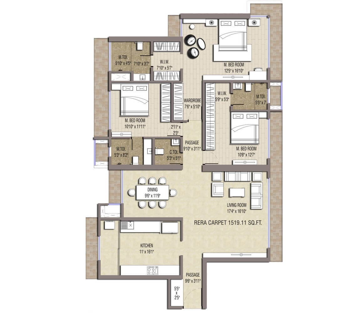 Floor plan of 3 BHK 1520 Sq. Ft. Apartment in Sonam Indraneel, Thane