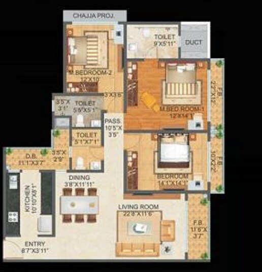 Floor plan of 3 BHK 1089 Sq. Ft. Apartment in Sonam Indraprasth, Thane