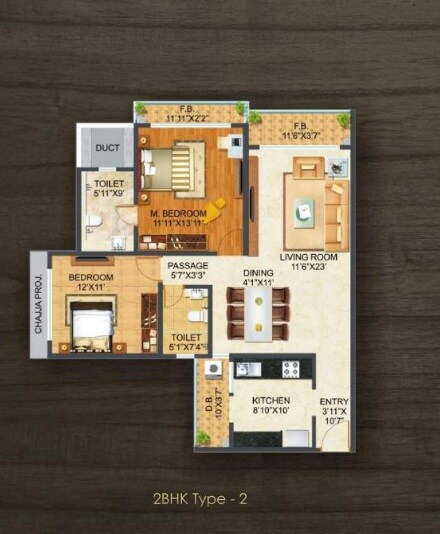 Floor plan of 2 BHK 739 Sq. Ft. Apartment in Sonam Indraprasth Wing C, Thane