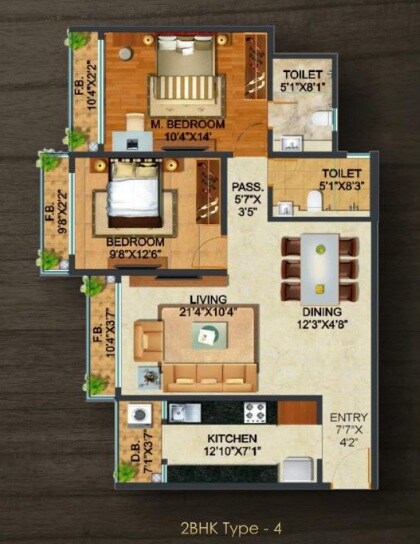 Floor plan of 2 BHK 799 Sq. Ft. Apartment in Sonam Indraprasth Wing C, Thane