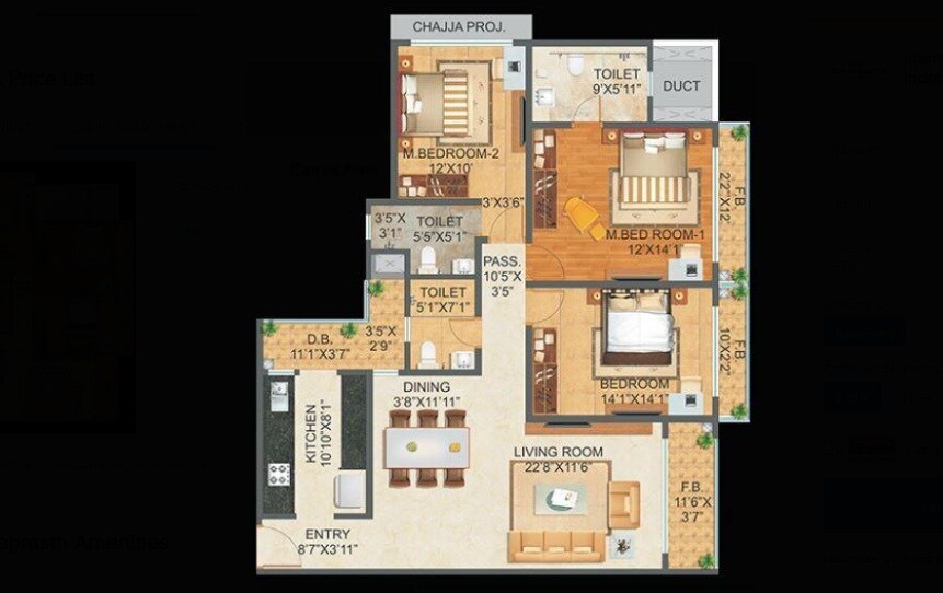 Floor plan of 3 BHK 1038 Sq. Ft. Apartment in Sonam Indraprasth Wing C, Thane