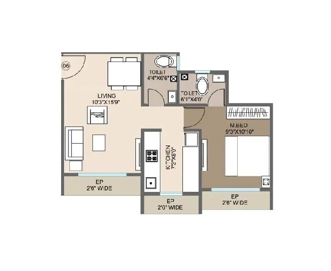 Floor plan of 1 BHK 505 Sq. Ft. Apartment in Sonawane Krishna Vrinadavan, Thane