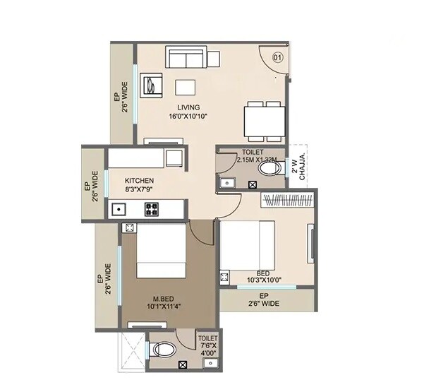 Floor plan of 2 BHK 660 Sq. Ft. Apartment in Sonawane Krishna Vrinadavan, Thane