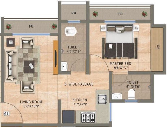 Floor plan of 1 BHK 361 Sq. Ft. Apartment in South Fatima Enclave Mumbra, Thane