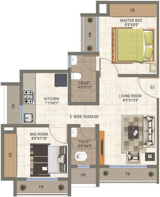 Floor plan of 2 BHK 530 Sq. Ft. Apartment in South Fatima Enclave Mumbra, Thane