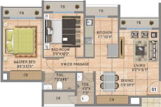 Floor plan of 2 BHK 523 Sq. Ft. Apartment in South Fatima Enclave Mumbra, Thane