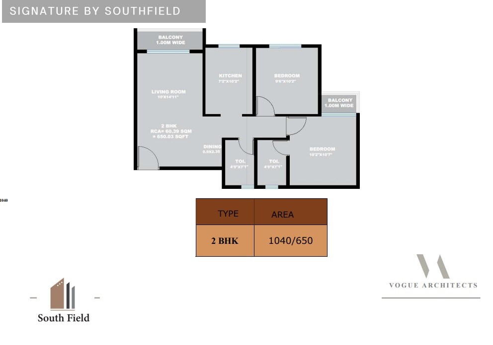 Floor plan of 2 BHK 650 Sq. Ft. Apartment in Southfield Signature, Thane