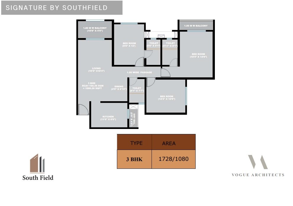 Floor plan of 3 BHK 1080 Sq. Ft. Apartment in Southfield Signature, Thane