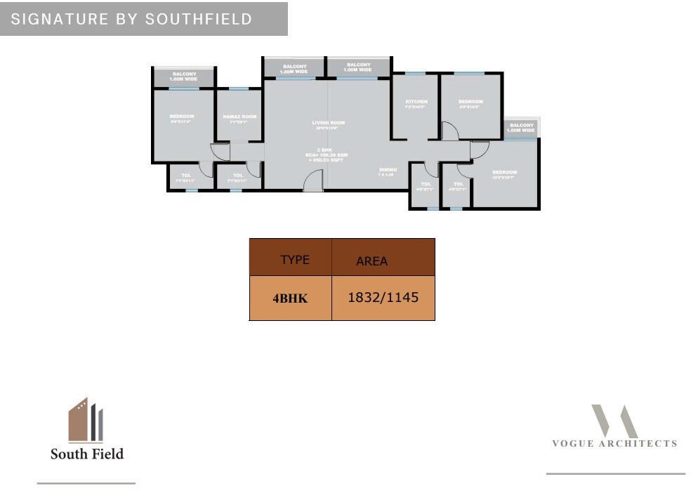 Floor plan of 4 BHK 1145 Sq. Ft. Apartment in Southfield Signature, Thane