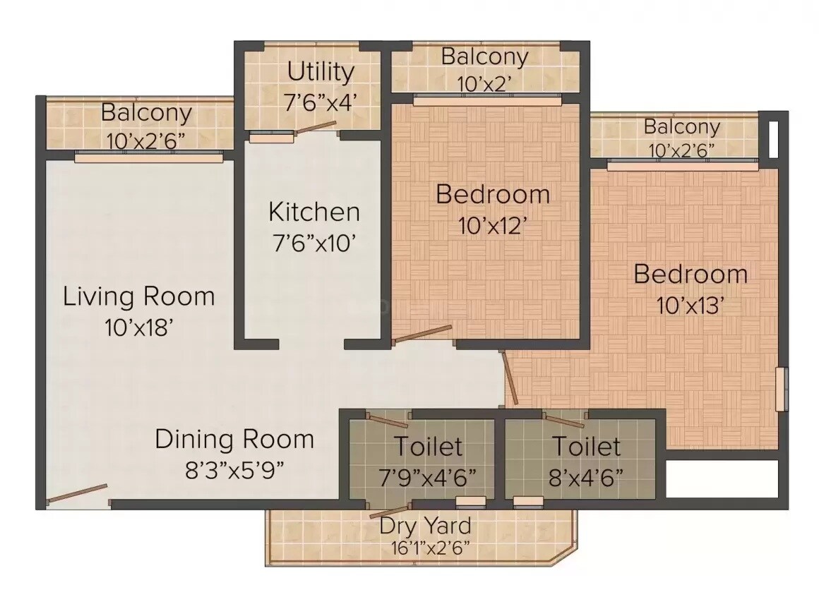 Floor plan of 2 BHK 1050 Sq. Ft. Apartment in Space Ashley Towres, Thane