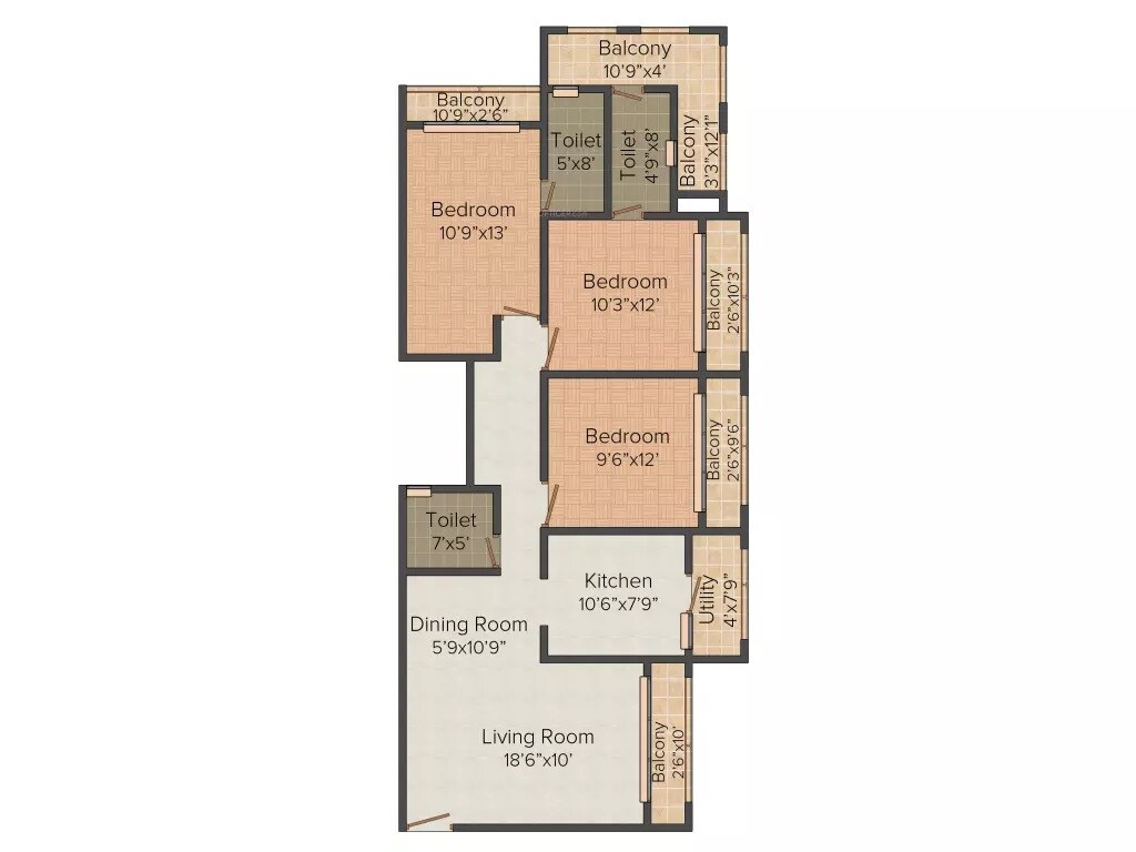 Floor plan of 3 BHK 1425 Sq. Ft. Apartment in Space Ashley Towres, Thane