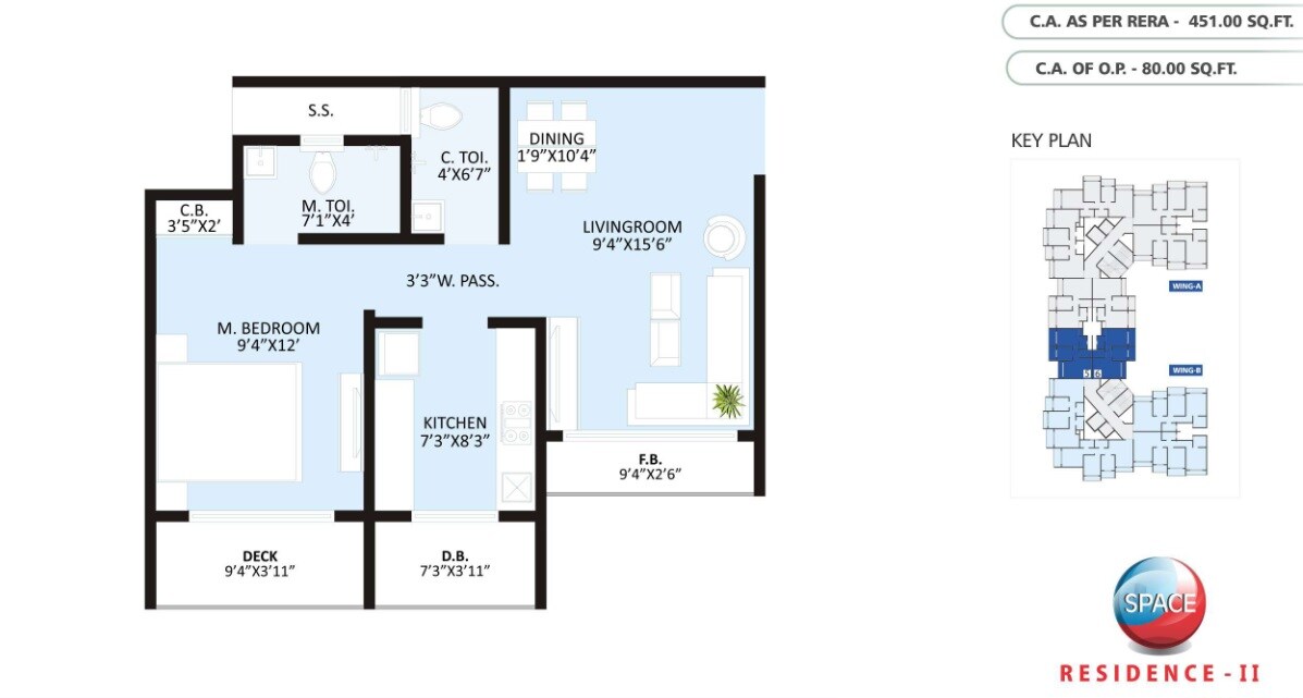 Floor plan of 1 BHK 451 Sq. Ft. Apartment in Space Residence, Thane