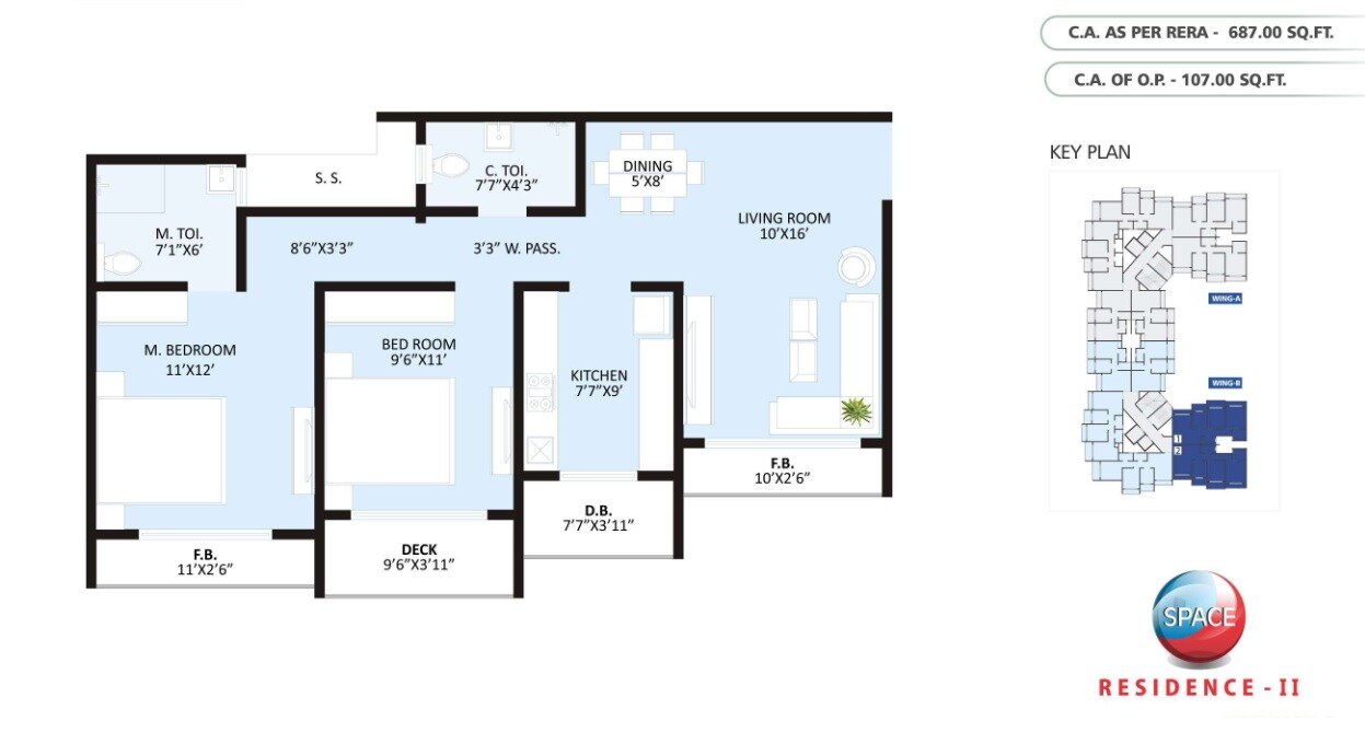 Floor plan of 2 BHK 686 Sq. Ft. Apartment in Space Residence, Thane