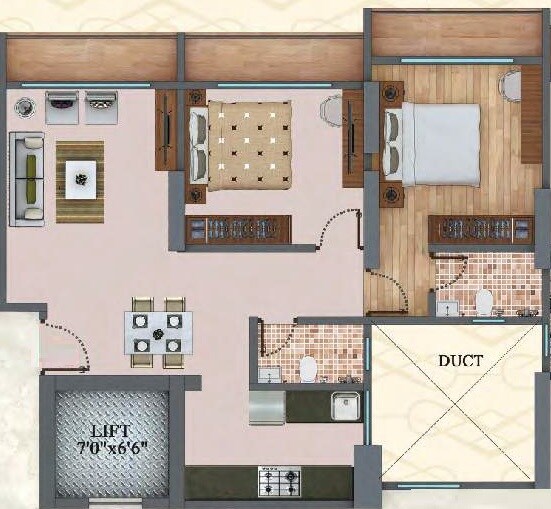 Floor plan of 2 BHK 631 Sq. Ft. Apartment in Space Sky Heights, Thane