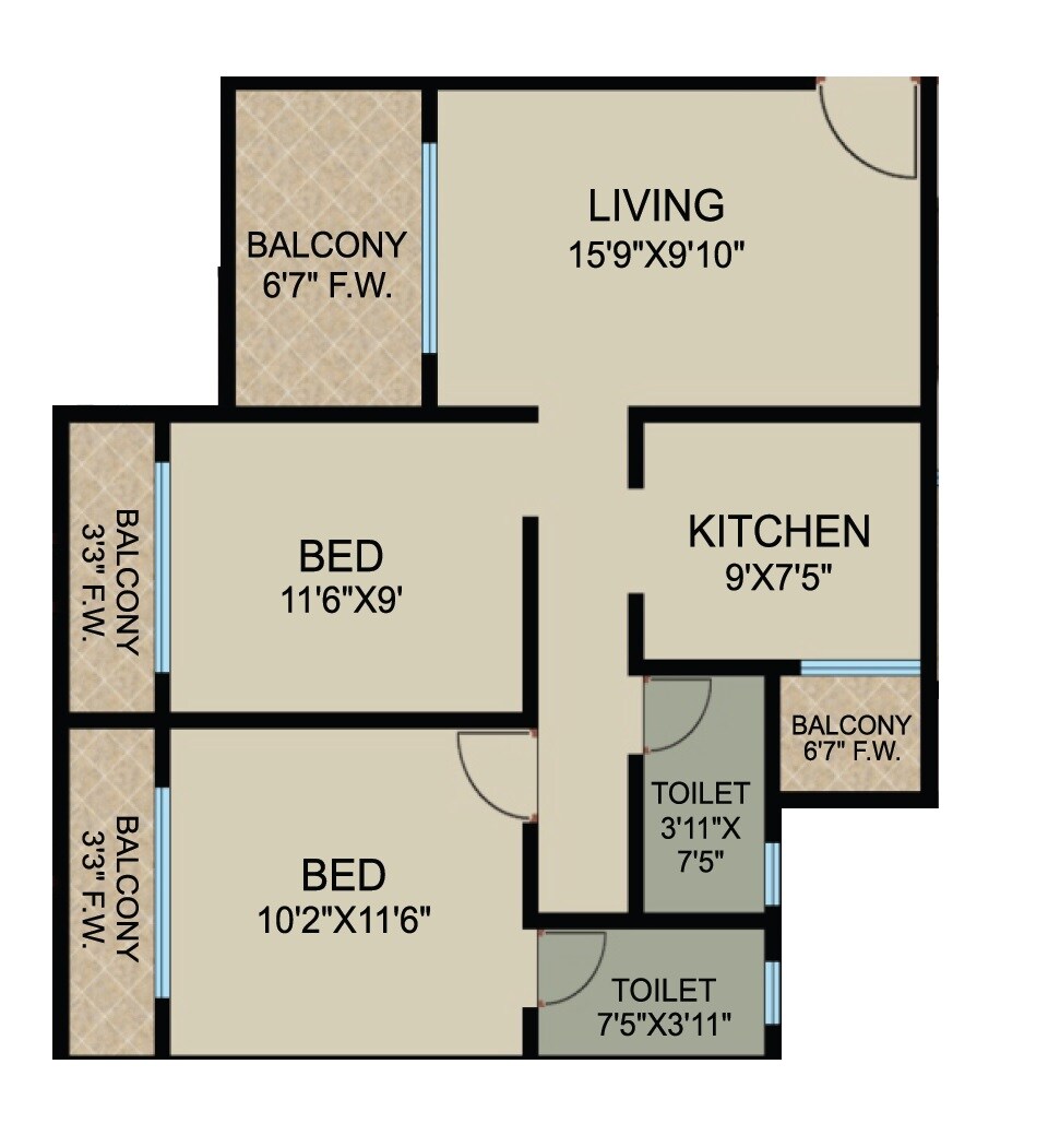 Floor plan of 2 BHK 605 Sq. Ft. Apartment in Space Tulip Apartments, Thane