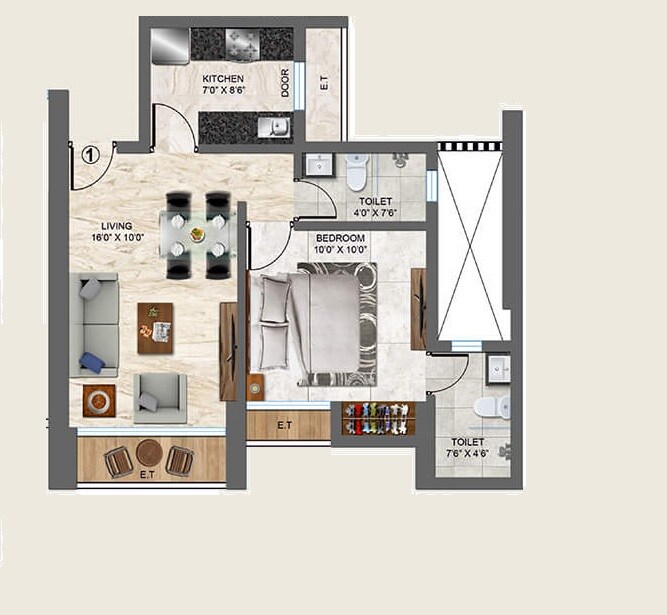Floor plan of 1 BHK 381 Sq. Ft. Apartment in Spenta OutSmart, Thane