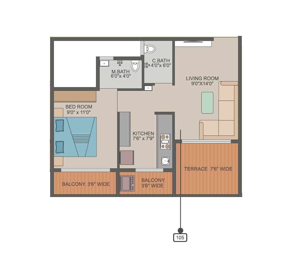 Floor plan of 1 BHK 457 Sq. Ft. Apartment in SPM Midtown, Thane