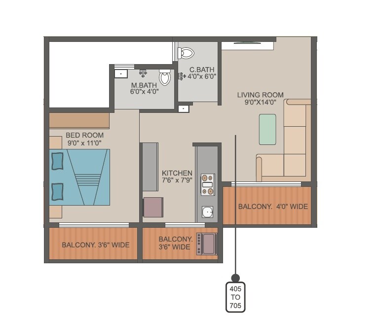 Floor plan of 1 BHK 485 Sq. Ft. Apartment in SPM Midtown, Thane