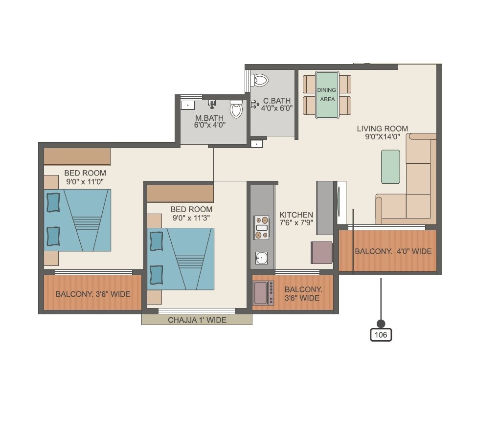 Floor plan of 2 BHK 610 Sq. Ft. Apartment in SPM Midtown, Thane