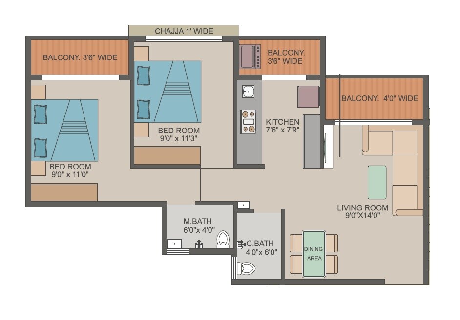 Floor plan of 2 BHK 750 Sq. Ft. Apartment in SPM Midtown, Thane