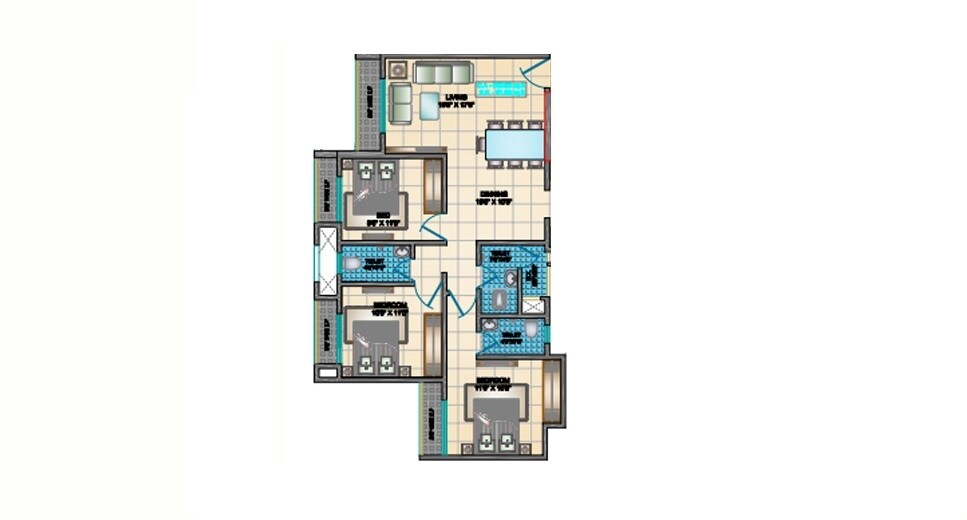 Floor plan of 3 BHK 802 Sq. Ft. Apartment in Squarefeet Grace Square Apartment, Thane