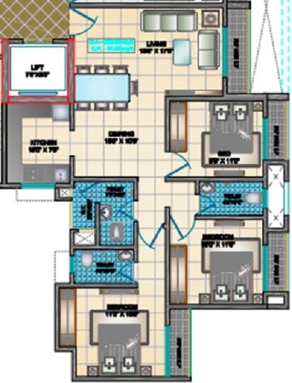 Floor plan of 3 BHK 802 Sq. Ft. Apartment in Squarefeet Grace Square Type D5, Thane