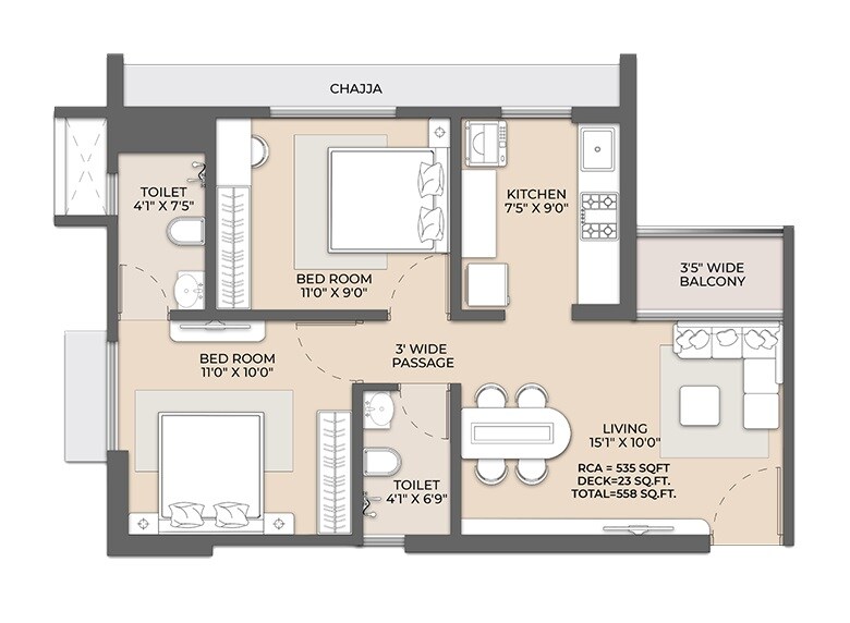 Floor plan of 2 BHK 535 Sq. Ft. Apartment in Squarefeet Green Square, Thane