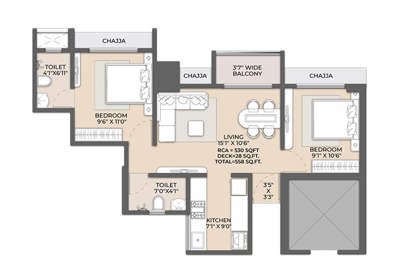 Floor plan of 2 BHK 530 Sq. Ft. Apartment in Squarefeet Green Square, Thane