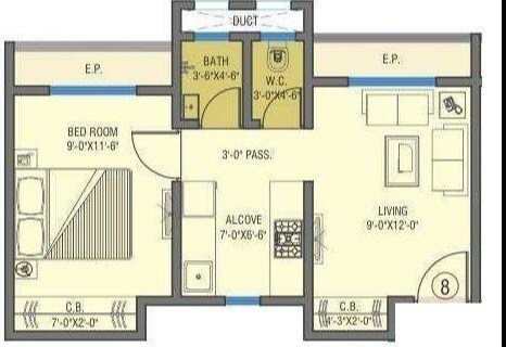 Floor plan of 1 BHK 275 Sq. Ft. Apartment in Squarefeet Joy square, Thane