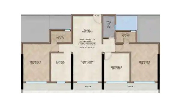 3 BHK 964 Sq. Ft. Apartment