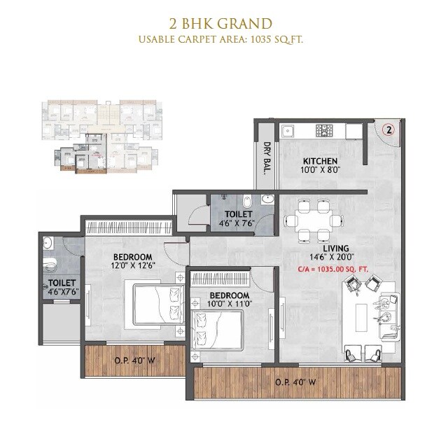 Floor plan of 2 BHK 1035 Sq. Ft. Apartment in Sri Balaji Atlanta Luxuria, Thane