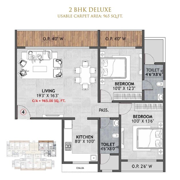Floor plan of 2 BHK 965 Sq. Ft. Apartment in Sri Balaji Atlanta Luxuria, Thane