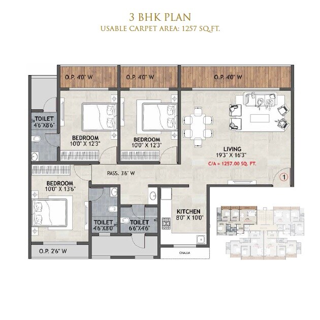Floor plan of 3 BHK 1257 Sq. Ft. Apartment in Sri Balaji Atlanta Luxuria, Thane