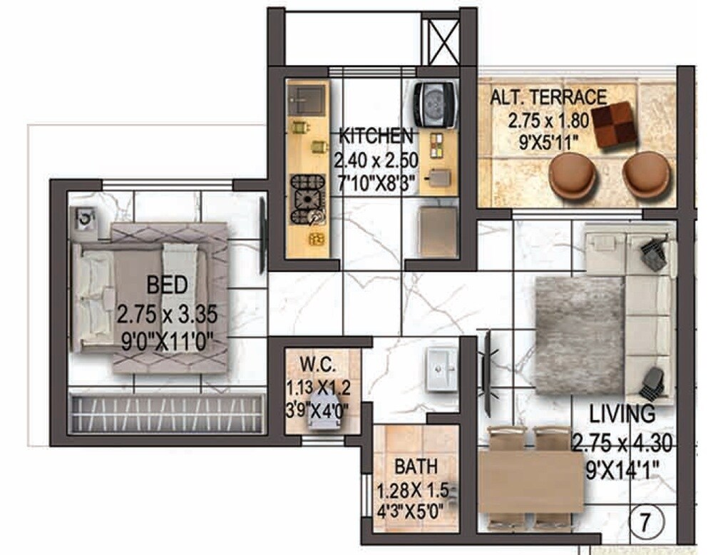 Floor plan of 1 BHK 454 Sq. Ft. Apartment in SS Balaji Krishna, Thane