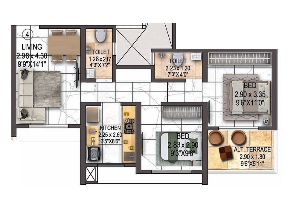 Floor plan of 2 BHK 606 Sq. Ft. Apartment in SS Balaji Krishna, Thane