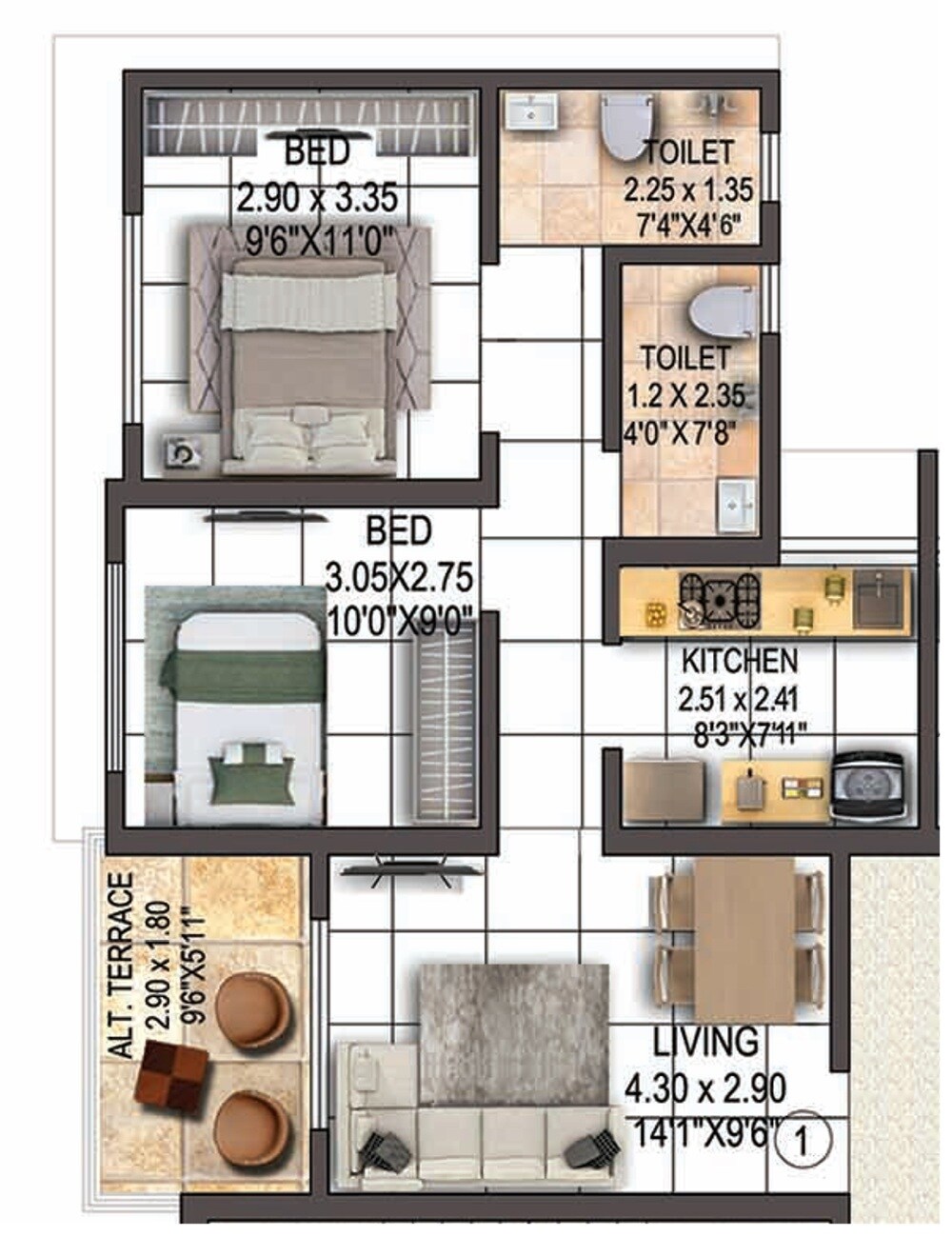 Floor plan of 2 BHK 620 Sq. Ft. Apartment in SS Balaji Krishna, Thane