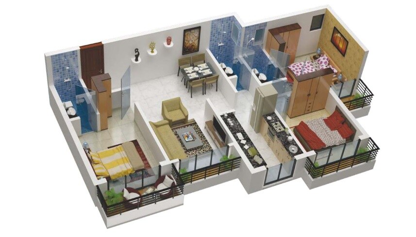 Floor plan of 3 BHK 848 Sq. Ft. Apartment in Stalwart Usha Kiran Residency, Thane