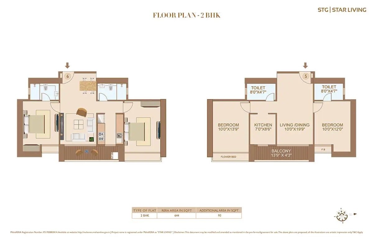 Floor plan of 2 BHK 737 Sq. Ft. Apartment in STG Star Living, Thane