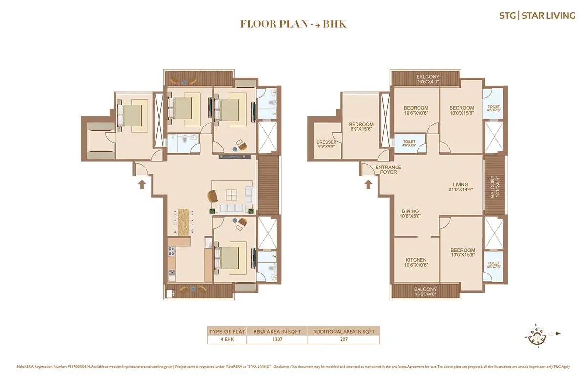 Floor plan of 4 BHK 1514 Sq. Ft. Apartment in STG Star Living, Thane